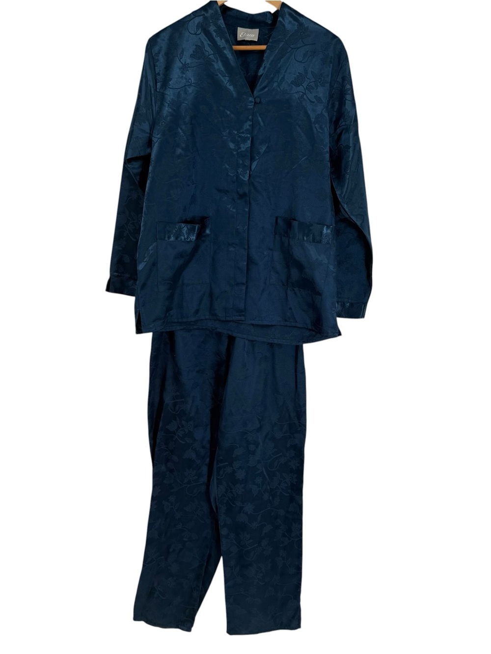 ETAM Satin Pajama Set Size L Button Front 2 Piece Blue Floral Lounge